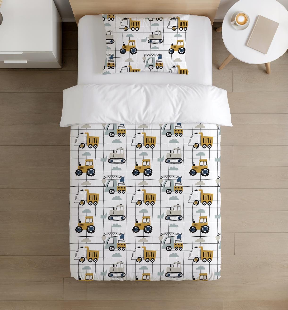 BEDDING - Trucks and Diggers - Grid, Duvet Cover set, Fitted Sheets, Pillow Case, Modern Colourful Kids Bedding