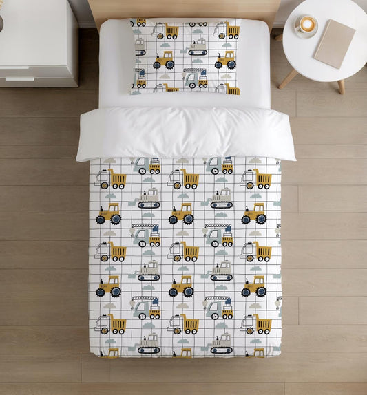 BEDDING - Trucks and Diggers - Grid, Duvet Cover set, Fitted Sheets, Pillow Case, Modern Colourful Kids Bedding
