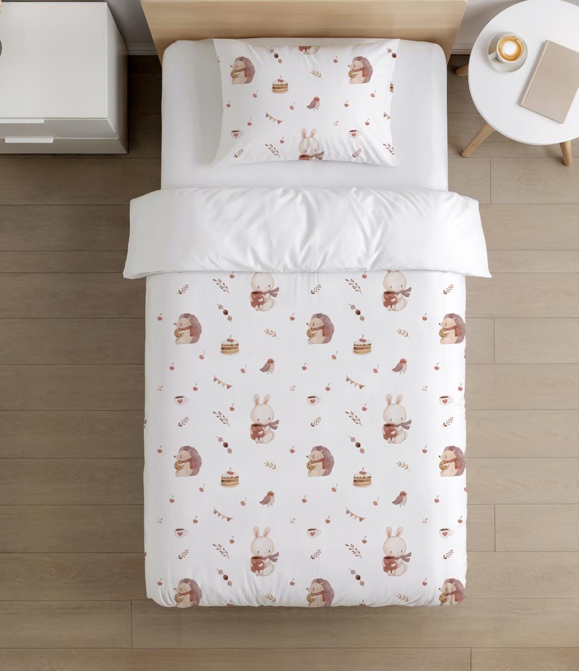 BEDDING - Woodland - Animals & Cake, Duvet Cover set, Fitted Sheets, Pillow Case, Modern Colourful Kids Bedding