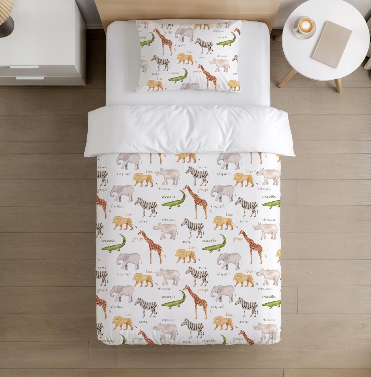 BEDDING - Safari - Animals ABC, Duvet Cover set, Fitted Sheets, Pillow Case, Modern Colourful Kids Bedding