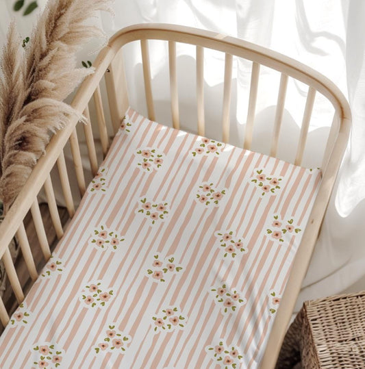 BEDDING - Stripes - Floral Peach, Duvet Cover set, Fitted Sheets, Pillow Case, Modern Colourful Kids Bedding