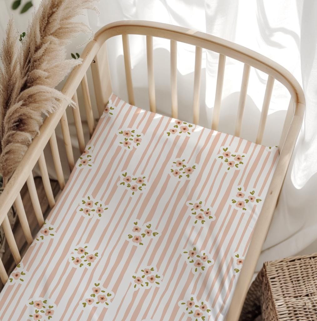 BEDDING - Stripes - Floral Peach, Duvet Cover set, Fitted Sheets, Pillow Case, Modern Colourful Kids Bedding