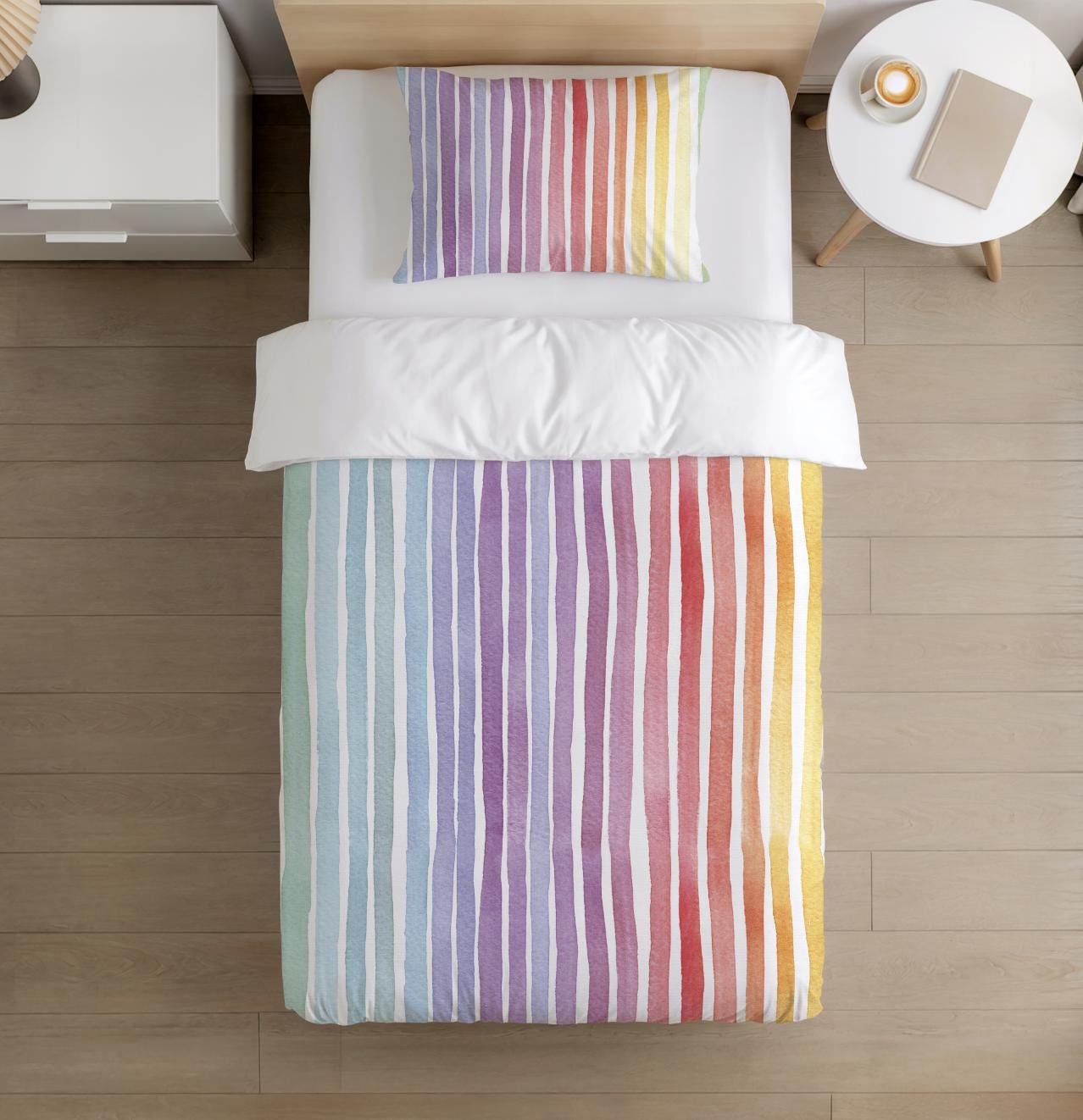 BEDDING - Stripes Rainbow, Duvet Cover set, Fitted Sheets, Pillow Case, Modern Colourful Kids Bedding