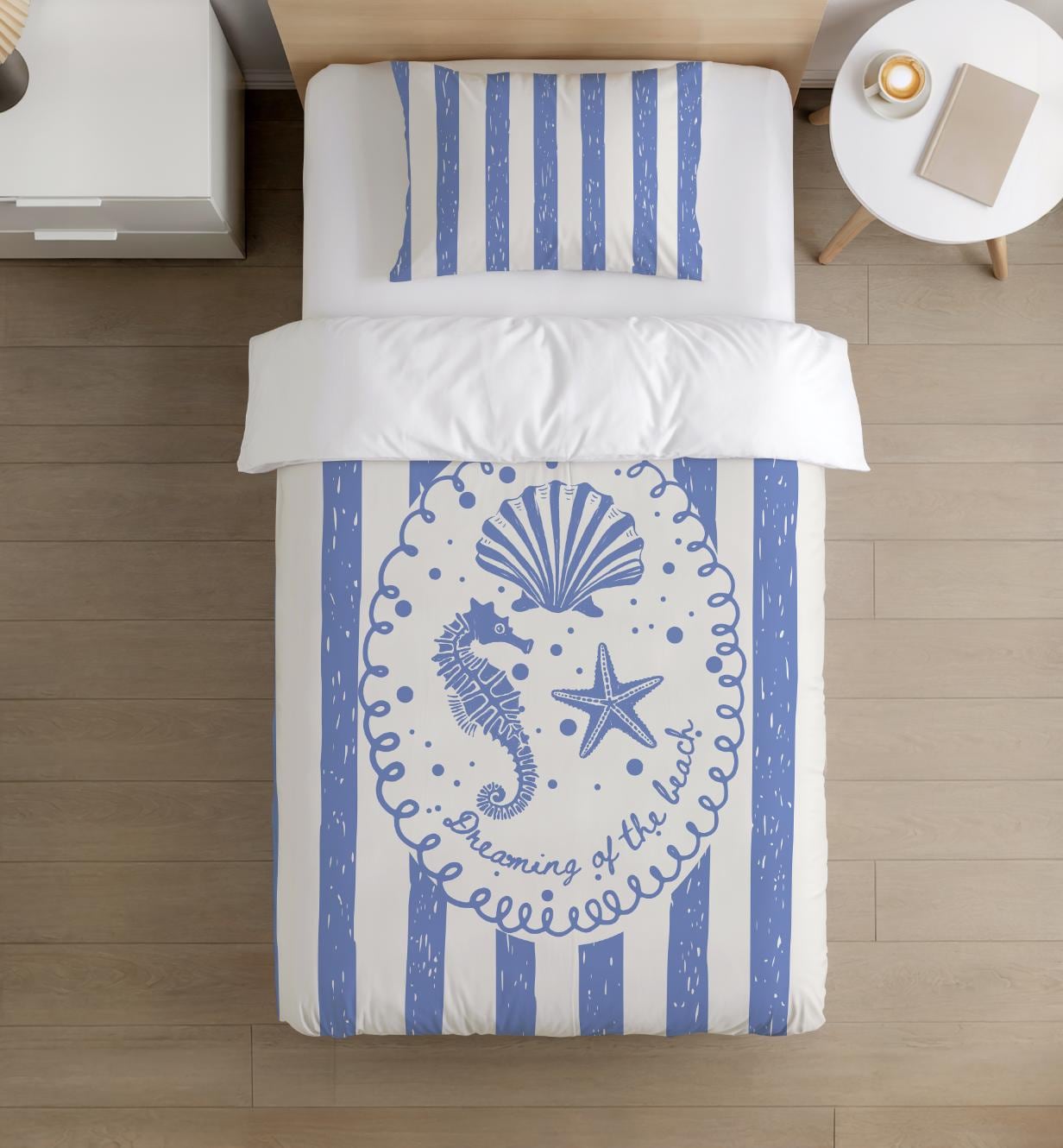 BEDDING - Blue Seashell Stripes, Duvet Cover set, Fitted Sheets, Pillow Case, Modern Bedding