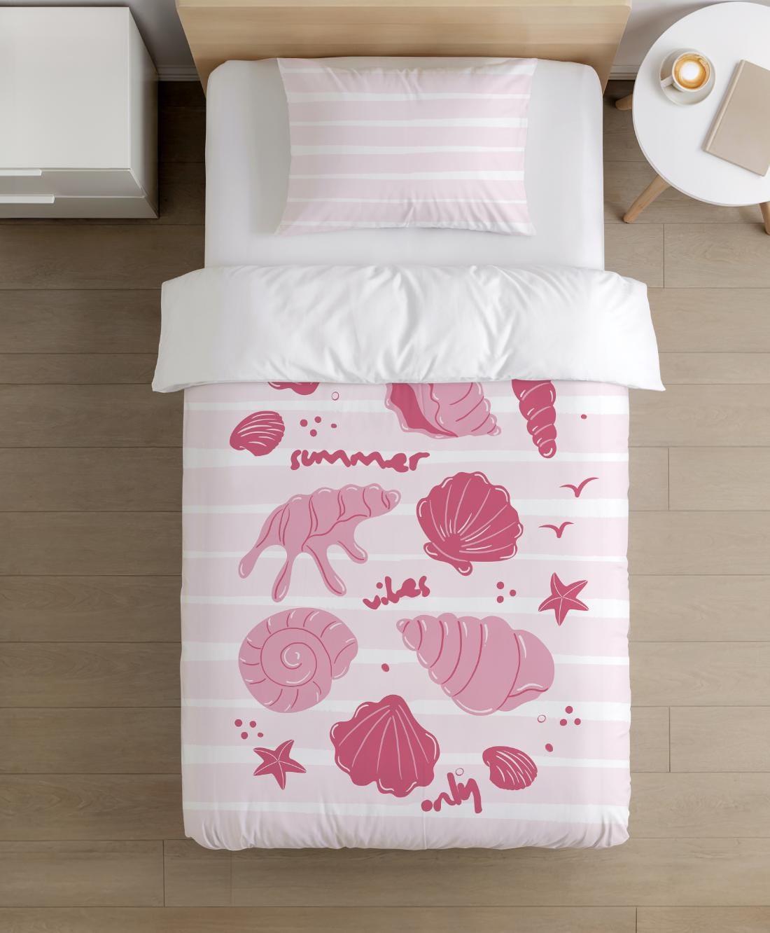BEDDING - Summer Vibes Only Seashell Pink Stripes, Duvet Cover set, Fitted Sheets, Pillow Case, Modern Bedding