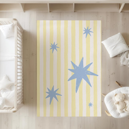 Stripes Yellow & Blue Stars, Carpet, kids decor, Children's Room Decor, Kids Rug, Kids Carpet, Modern Colourful decor