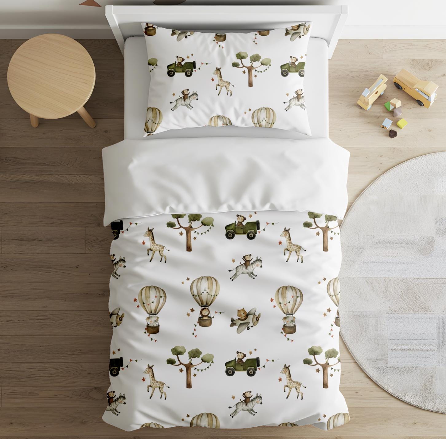 Hot Air Balloons with Safari Animals - Green, Duvet Covers, Fitted Sheets,, Kids and Baby Bedding, Childrens Room Decor, Bedding and Pillows
