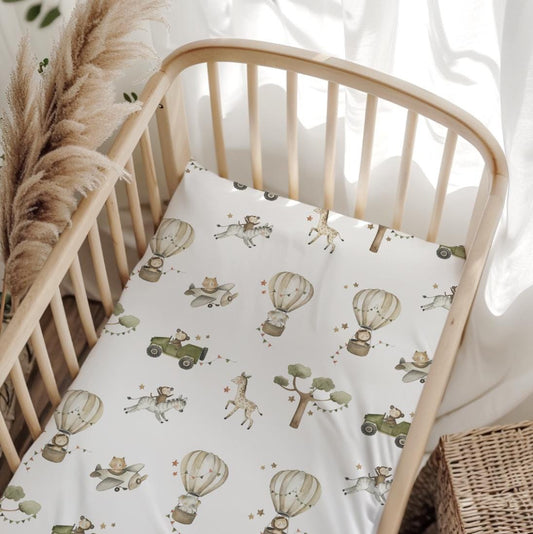 Hot Air Balloons with Safari Animals - Green, Duvet Covers, Fitted Sheets,, Kids and Baby Bedding, Childrens Room Decor, Bedding and Pillows