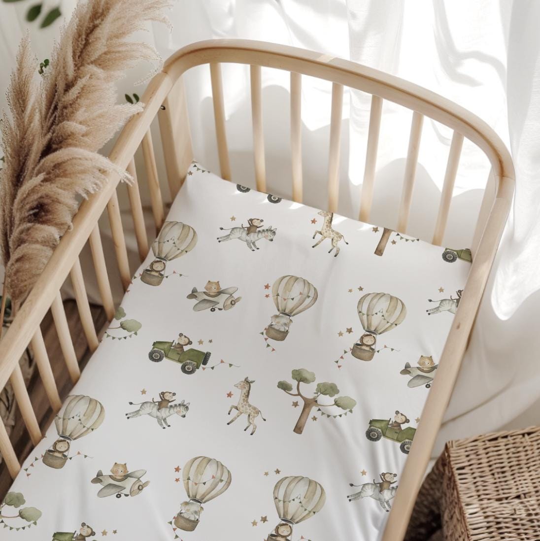 Hot Air Balloons with Safari Animals - Green, Duvet Covers, Fitted Sheets,, Kids and Baby Bedding, Childrens Room Decor, Bedding and Pillows