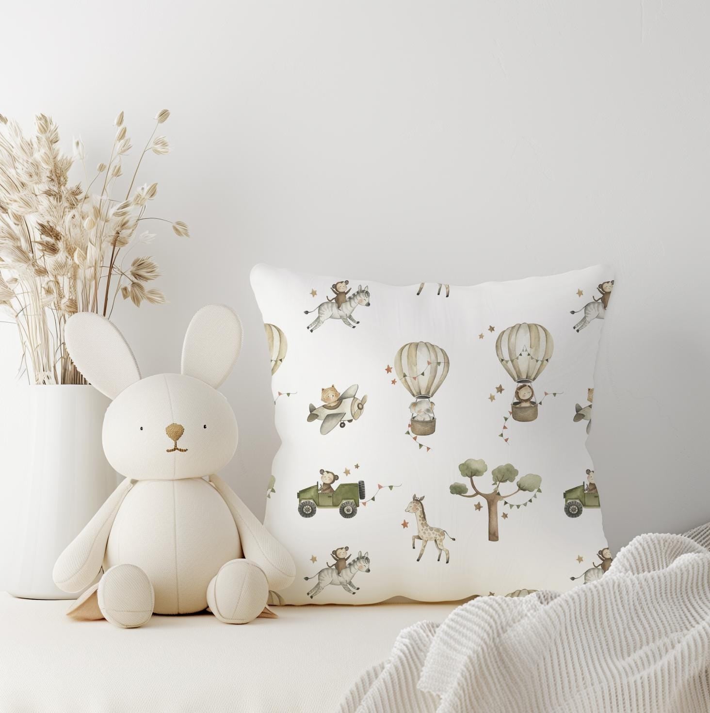 Hot Air Balloons with Safari Animals - Green, Duvet Covers, Fitted Sheets,, Kids and Baby Bedding, Childrens Room Decor, Bedding and Pillows