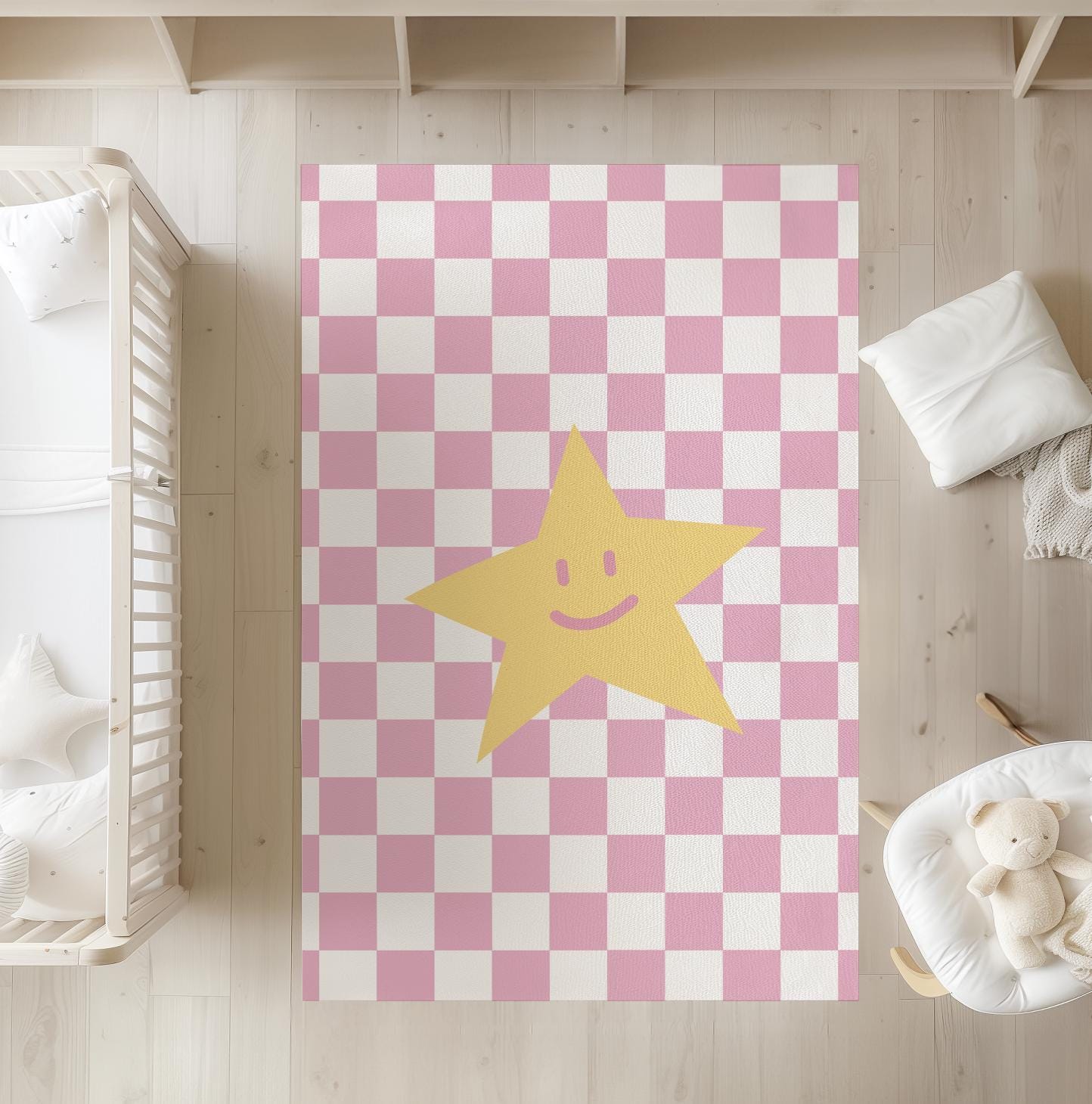Checkered Pink and White with Yellow Star - Rug, Carpet, kids decor, Children's Room Decor, Kids Rug, Kids Carpet