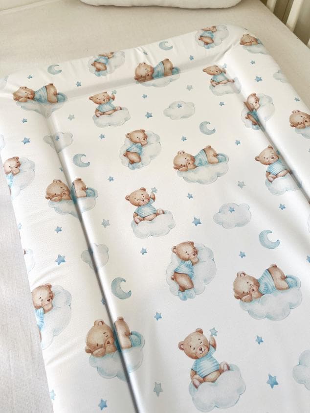 Baby Changing Mat - BLUE Bear on Clouds, Nappy Changing Mat, Waterproof Mat, Baby Gift, Wedge Changing Mat, Bear Nursery Decor, Unisex Decor