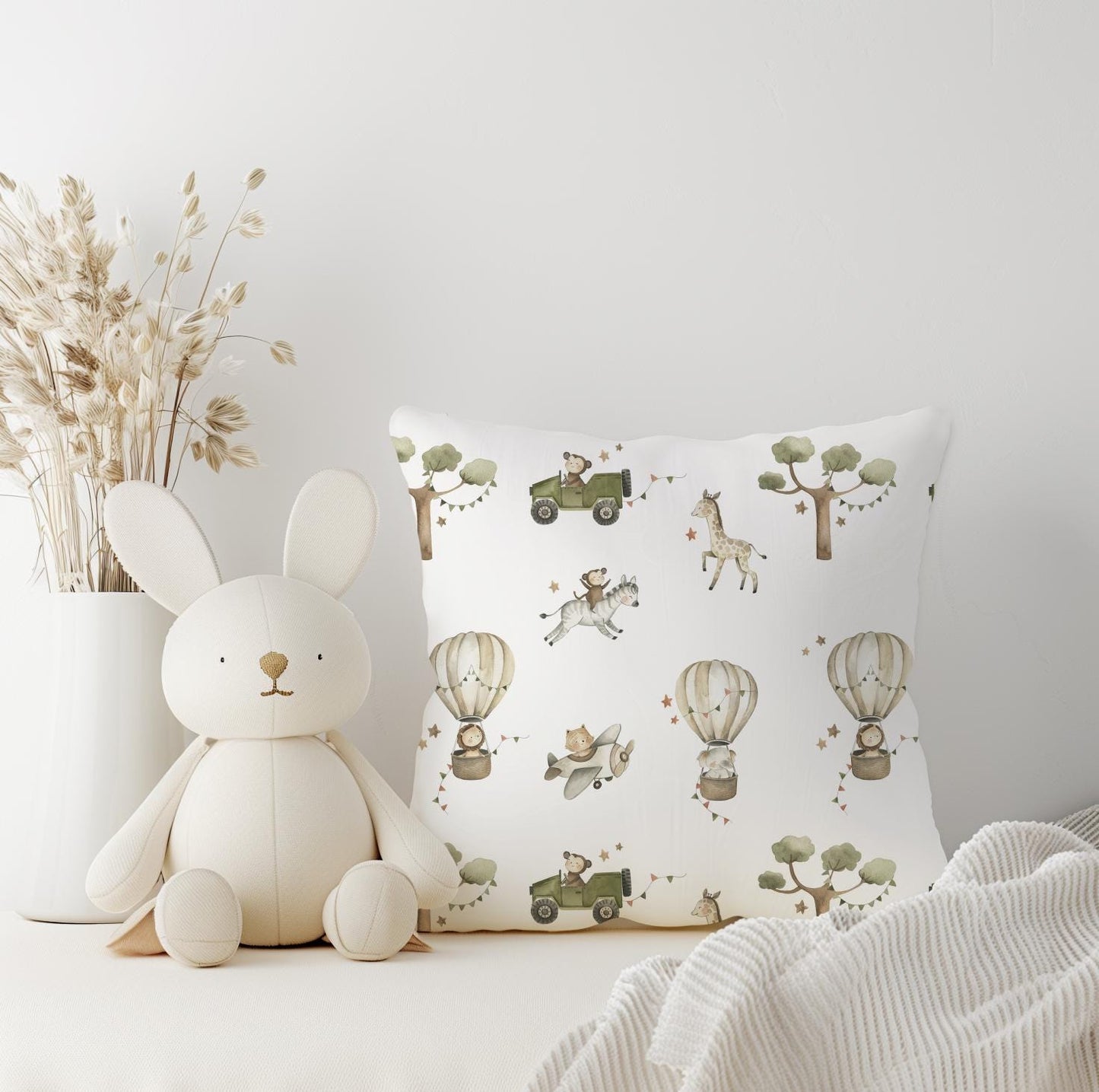 Hot Air Balloons - Safari Animals Pillow - Square Pillow, kids square throw pillow decor, Children's Room Decor, Cotbed bedding