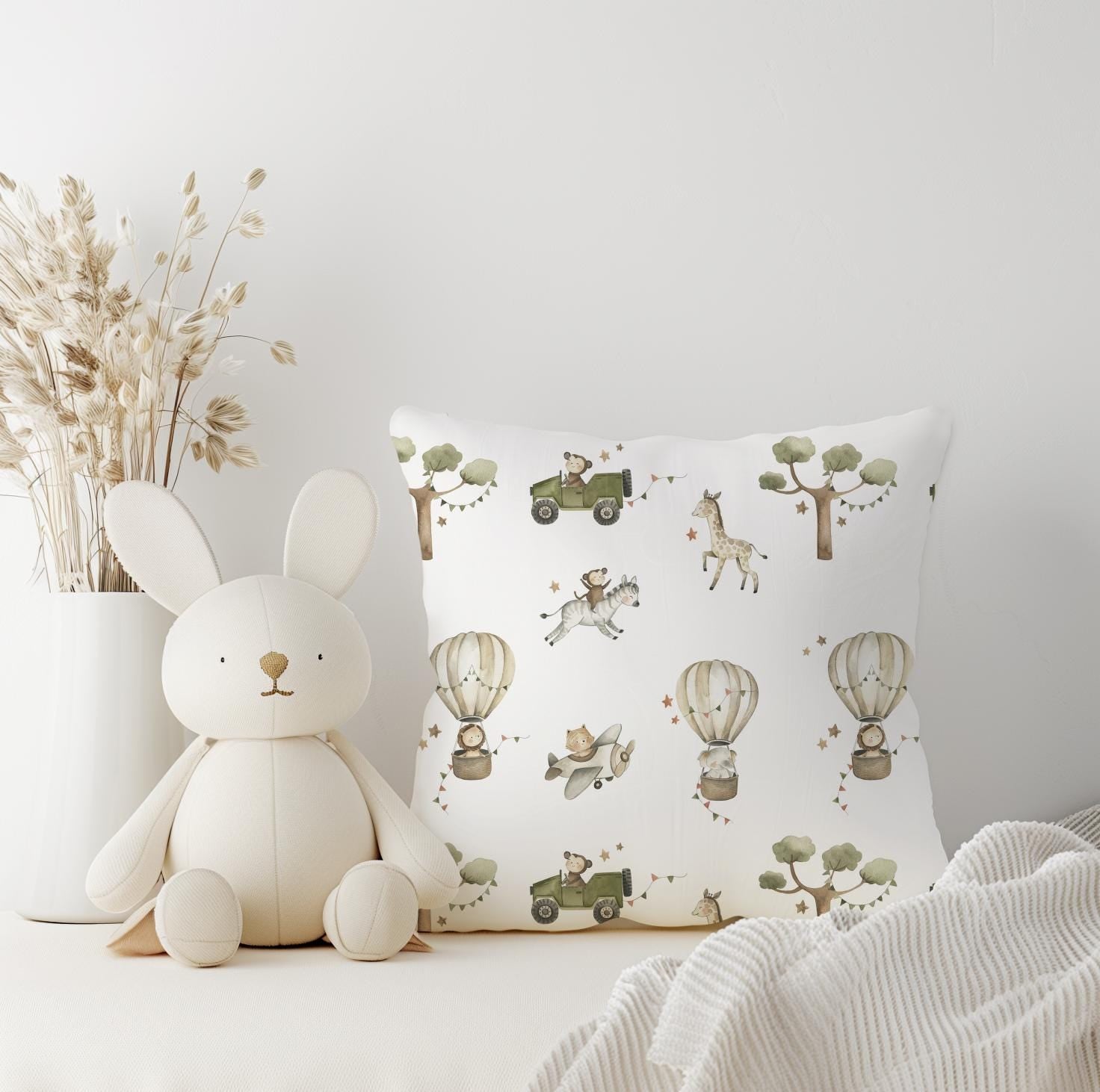 Hot Air Balloons - Safari Animals Pillow - Square Pillow, kids square throw pillow decor, Children's Room Decor, Cotbed bedding