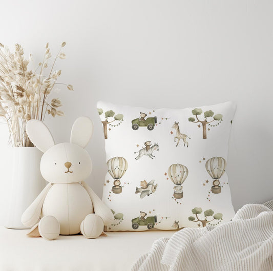 Hot Air Balloons - Safari Animals Pillow - Square Pillow, kids square throw pillow decor, Children's Room Decor, Cotbed bedding