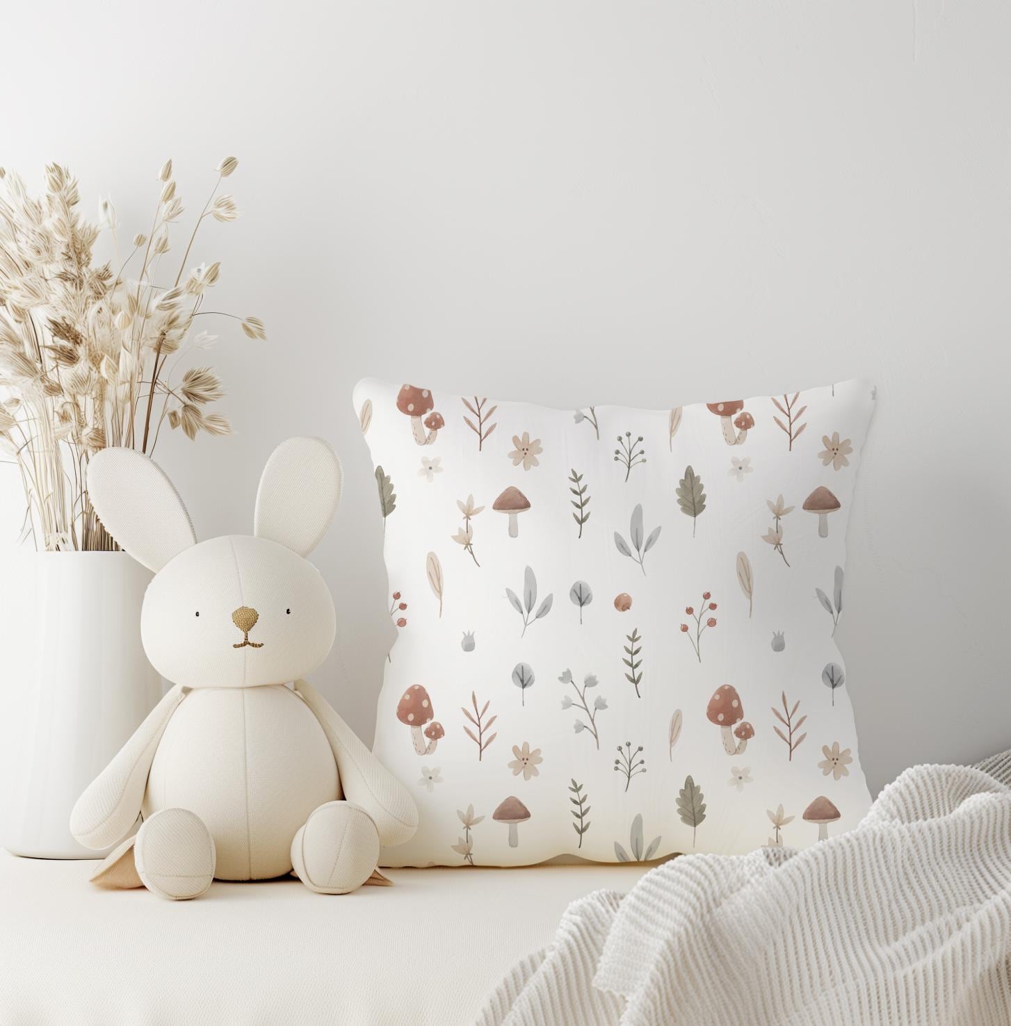 Woodland Mushroom & Flowers - Square Pillow, kids square throw pillow decor, Children's Room Decor, Cotbed bedding, bedding