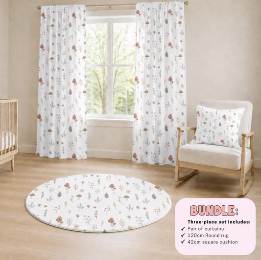 Woodland Mushroom Nursery BEDROOM BUNDLE – Curtains, Round Rug & Cushion – Bundle Bedroom Décor