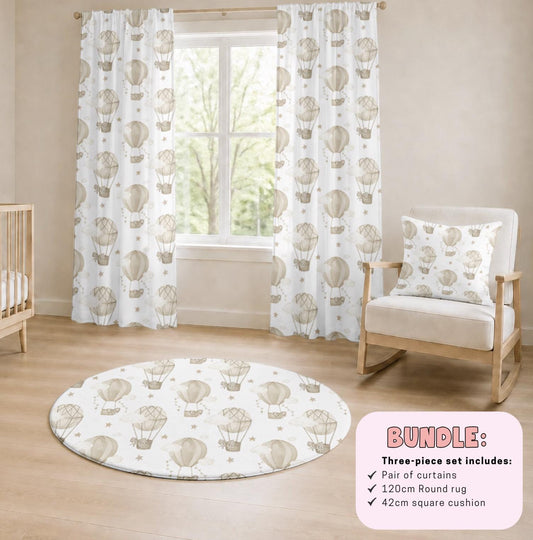 Beige Hot Air Balloon Nursery BEDROOM BUNDLE – Curtains, Round Rug & Cushion – Neutral Bedroom Décor