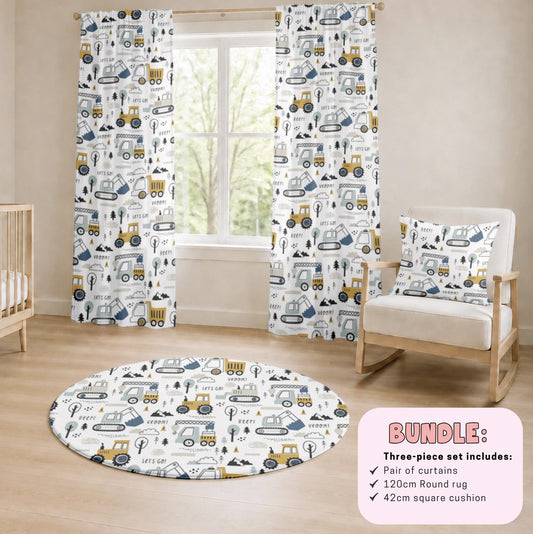 Trucks and Diggers Nursery BEDROOM BUNDLE – Curtains, Round Rug & Cushion – Bundle Bedroom Décor