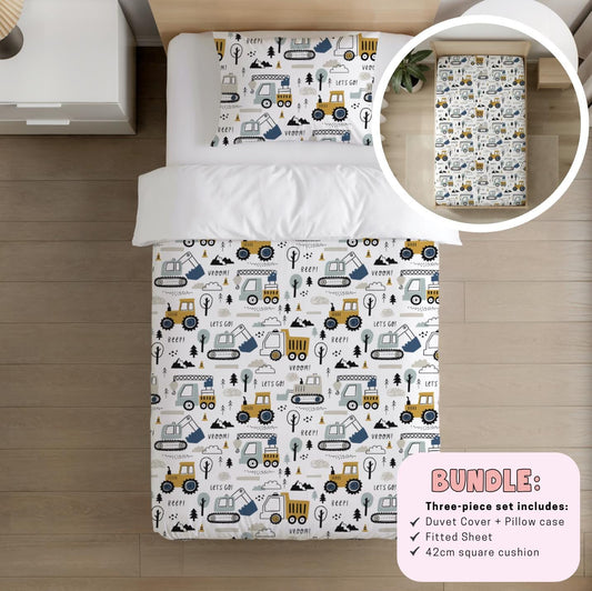 Trucks and Diggers, Bedding BUNDLE – Duvet Cover, Fitted Sheet & Cushion – Boys’ Bedroom Décor