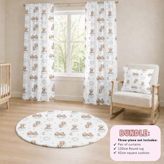 Bears on Clouds Nursery BEDROOM BUNDLE – Curtains, Round Rug & Cushion – Bundle Bedroom Décor