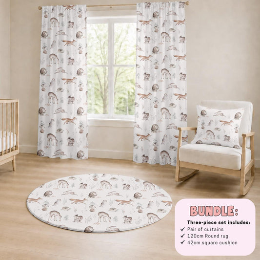 Woodland Hedgehog and Friends Nursery BEDROOM BUNDLE – Curtains, Round Rug & Cushion – Bundle Bedroom Décor
