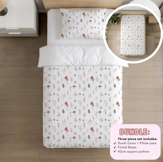 Woodland Mushroom, Bedding BUNDLE – Duvet Cover, Fitted Sheet & Cushion – Boys’ Bedroom Décor