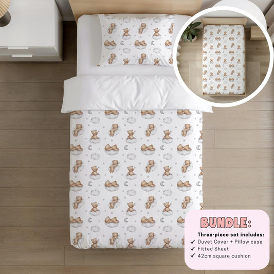 Bear Sleeping on Clouds, Bedding BUNDLE – Duvet Cover, Fitted Sheet & Cushion – Boys’ Bedroom Décor