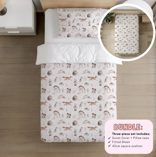 Woodland Hedgehog and Friends, Bedding BUNDLE – Duvet Cover, Fitted Sheet & Cushion – Bedroom Décor