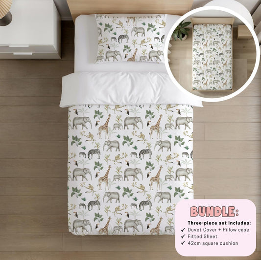 Watercolour Safari Animals, Bedding BUNDLE – Duvet Cover, Fitted Sheet & Cushion – Bedroom Décor